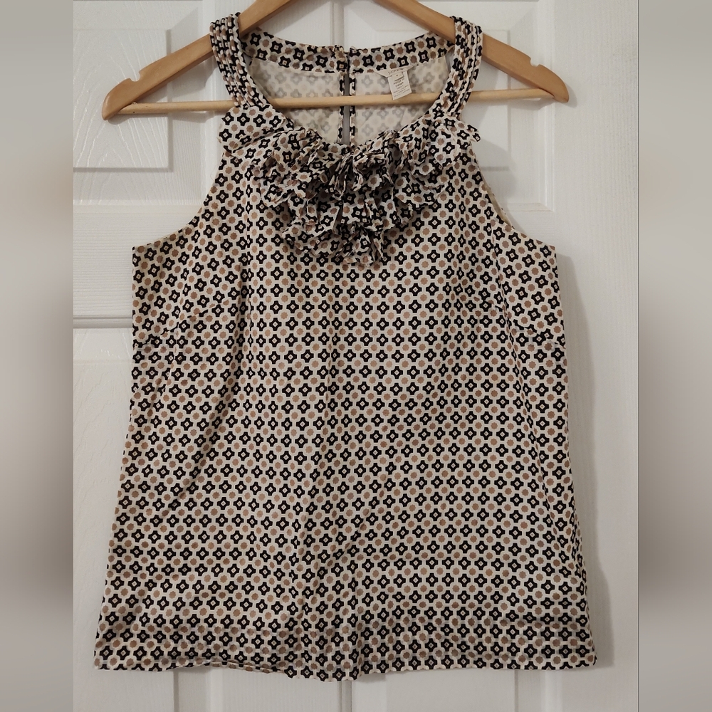 J Crew Women's Brown/Tan Geometric Ruffle Neck Sleeveless Blouse Shirt Size 4